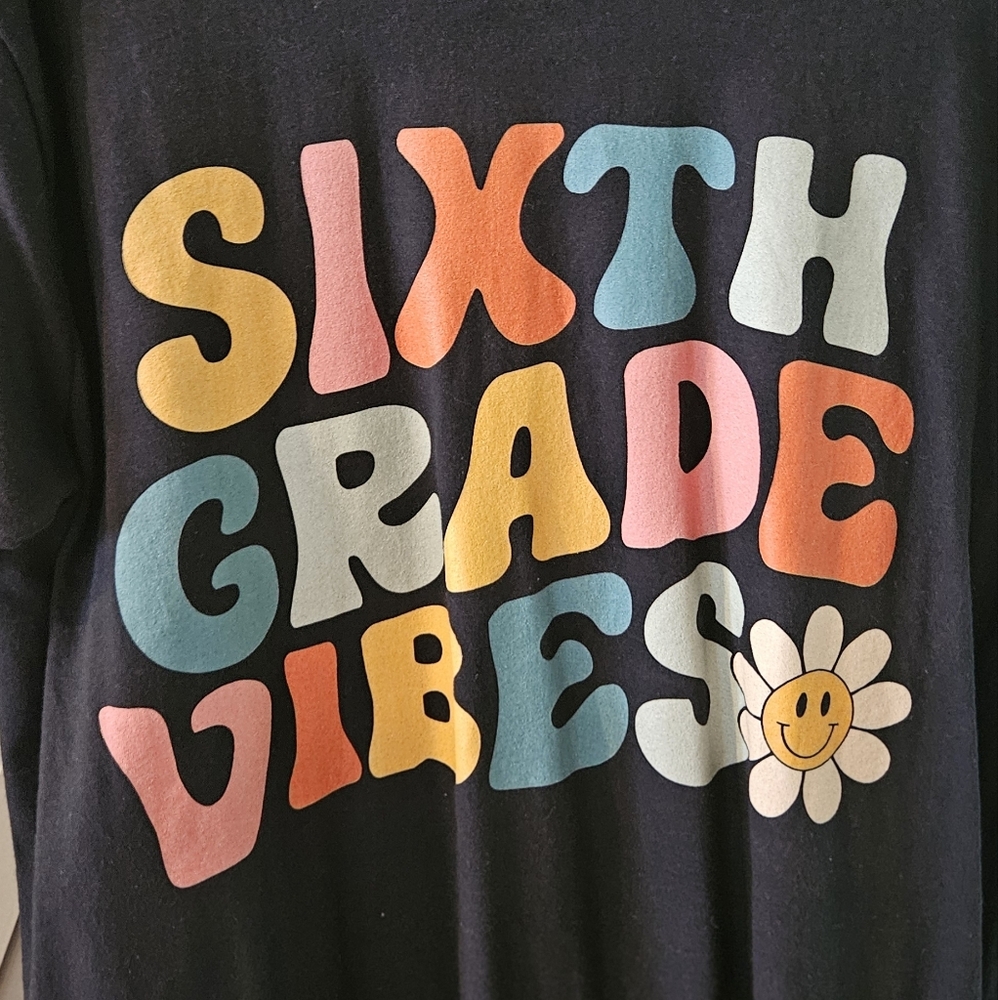 Black Shirt with Colorful 'Sixth Grade Vibes' Print Large